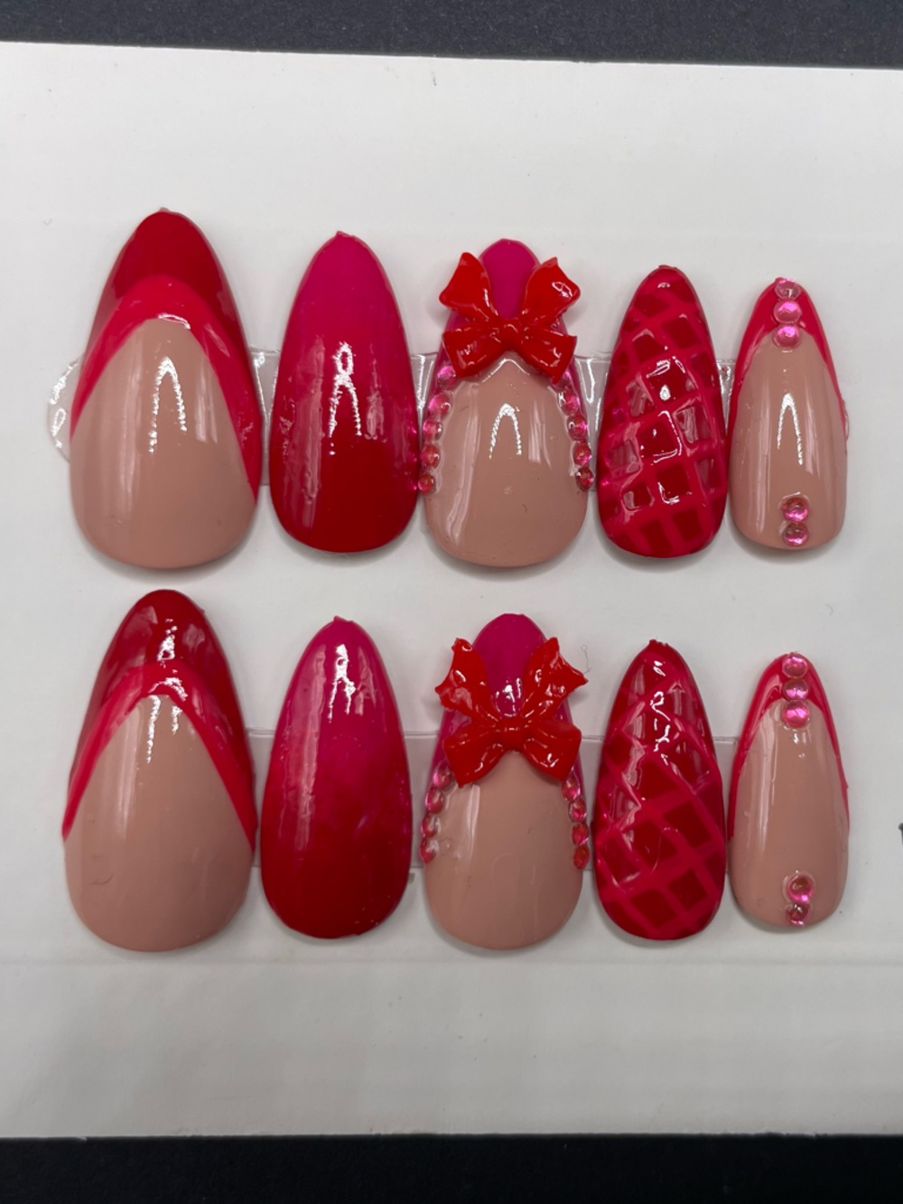 Pink & Nude Acrylic Press-On Nail Set with 3D Bows and Rhinestones